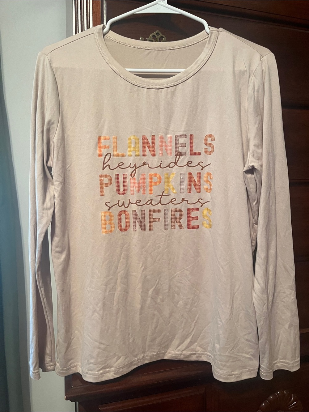Long Sleeve Graphic Tee - Beige "Flannels Pumpkins Bonfires"